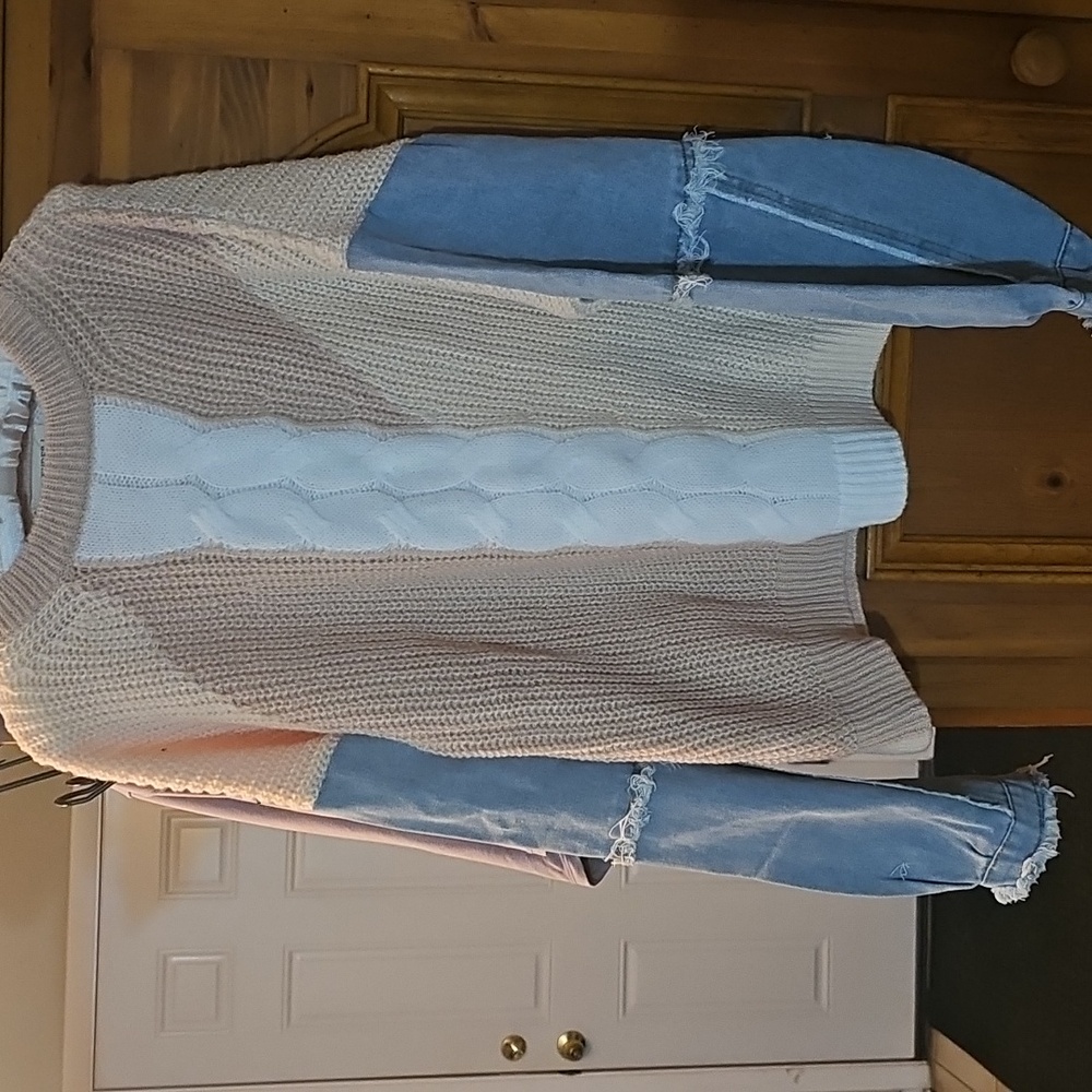 Colorblock Sweater with Denim Sleeves